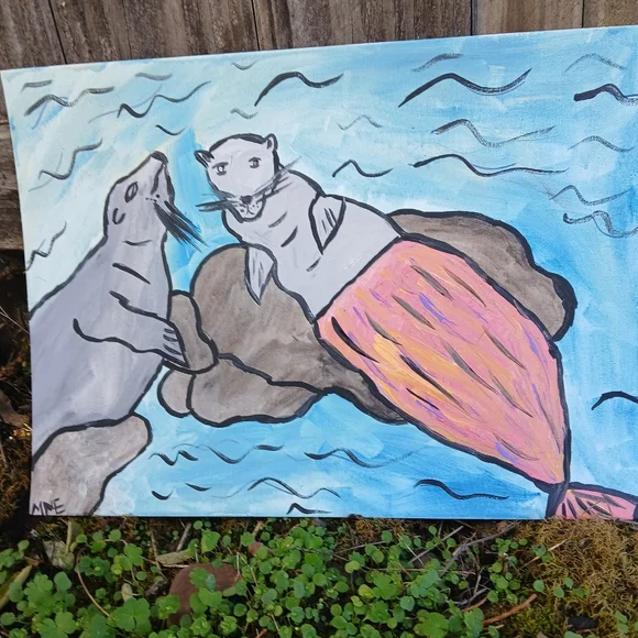 Sea Lions Mermaid Painting Folk Art - Picture 14 of 14